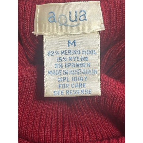 Aqua Merino Wool Turtleneck Ribbed Knit Sweater Red M Velvet trim sleeve cuffed - Picture 4 of 5